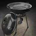 Black Outdoor Grill With Metal Stand Wheels Logo On Lid And Bottom Wire Rack