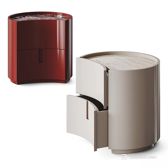 Modern Sleek Bedside Tables Featuring Red Beige Colors Drawer Storage And Curved Design 3d model 