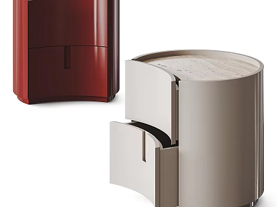 Modern Sleek Bedside Tables Featuring Red Beige Colors Drawer Storage And Curved Design 3d model