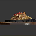 Delicious Fried Noodles with Cabbage and Red Chili Slices on Iron Plate Wooden Tray
