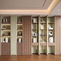 Elegant Modern Decorative Cabinets With Geometric Panels Green Brown Shelves Books Ornaments Vases Frames