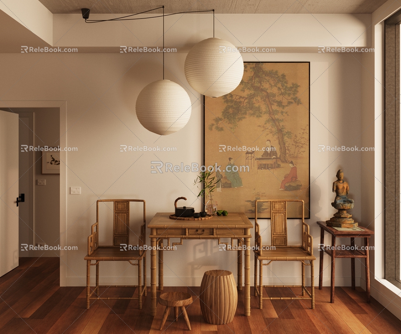 New Chinese Zen Style Tea Table and Chair Log Style Tea Table and Chair Solid Wood Table and Chair Chinese Style Table and Chair Large Board Table Song Style Aesthetic Table and Chair 3d model