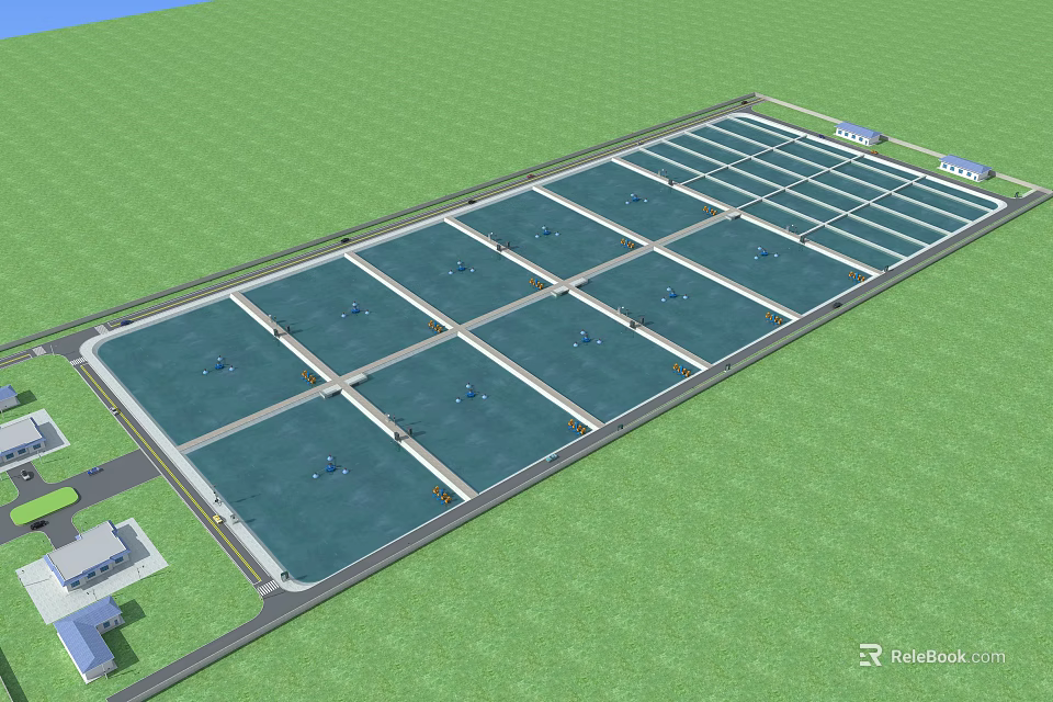 Large Scale Water Ponds Array With Rectangular Design And Green Grass 3d model 