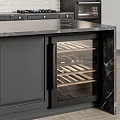 Modern Kitchen With Dark Gray Cabinets Marble Countertop Wine Rack And Brick Wall