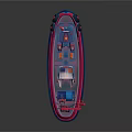 Detailed Wooden Boat Model With Red Blue Hull White Sections And Crane Lifebuoy