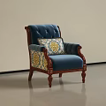 Blue Single Sofa With Wooden Frame And Floral Patterned Decorative Pillow 3d model