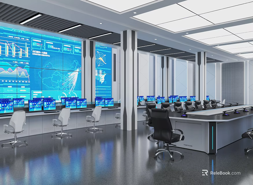 Modern Control Room Interior With Multiple Screens Console And Office Chairs Setup 3d model 