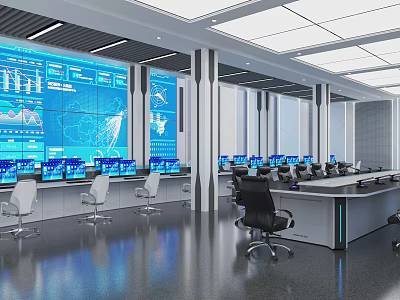 Modern Control Room Interior With Multiple Screens Console And Office Chairs Setup 3d model