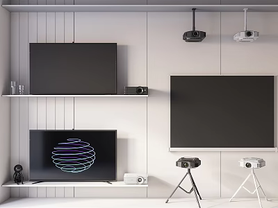 Modern Interior Design With Wall Mounted TVs Projectors And Sleek Shelves 3d model