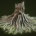 Tree House Architecture In Tree Trunk Structure With Spreading Roots Staircase And Lit Windows
