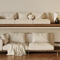 Minimalist Living Room With Beige Sofas Pillows Blanket Light Wall And Wooden Floor