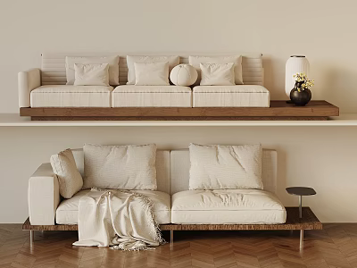 Minimalist Living Room With Beige Sofas Pillows Blanket Light Wall And Wooden Floor 3d model