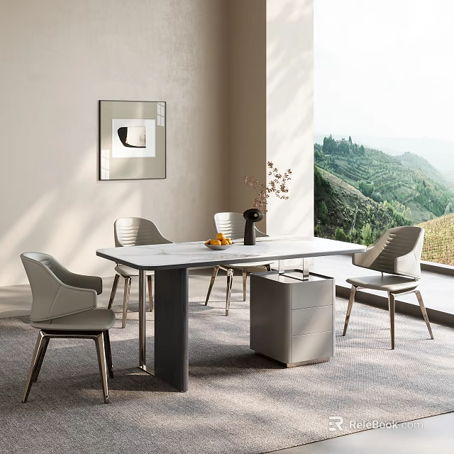 Modern Dining Table Set With Grey Chairs And Side Cabinet Near Window 3d model 