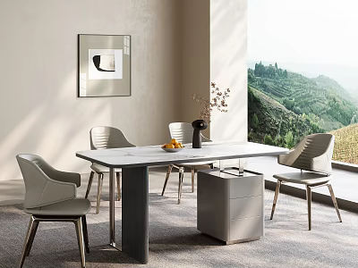 Modern Dining Table Set With Grey Chairs And Side Cabinet Near Window 3d model