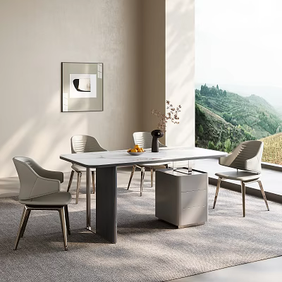 Modern Dining Table Set With Grey Chairs And Side Cabinet Near Window 3d model