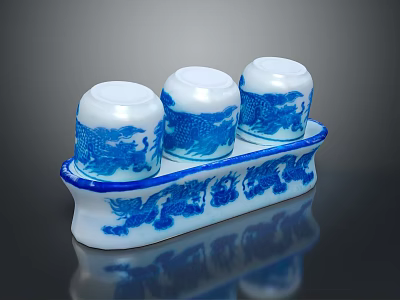 Blue And White Ceramic Seasoning Set With Three Bottles And Dragon Pattern Tray 3d model