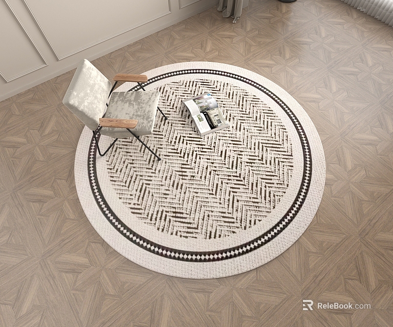 Round Herringbone Woven Rug for Living Room with Accent Chair on Wooden Floor 3d model 