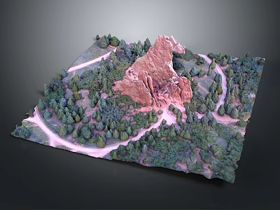 Cartoon Scene Featuring Red Rock Mountain Green Trees And Winding Paths 3d model