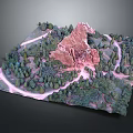 Cartoon Scene Featuring Red Rock Mountain Green Trees And Winding Paths