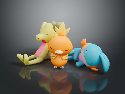 Cute Cartoon Creature Toy Figures With Yellow Orange Blue Colors Lying On Shiny Black Surface 3d model