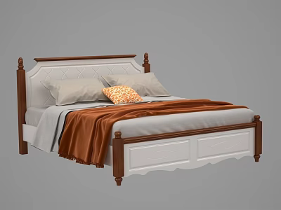 Double Bed With Wooden Frame White Headboard Diamond Tufted Pillows And Orange Blanket 3d model