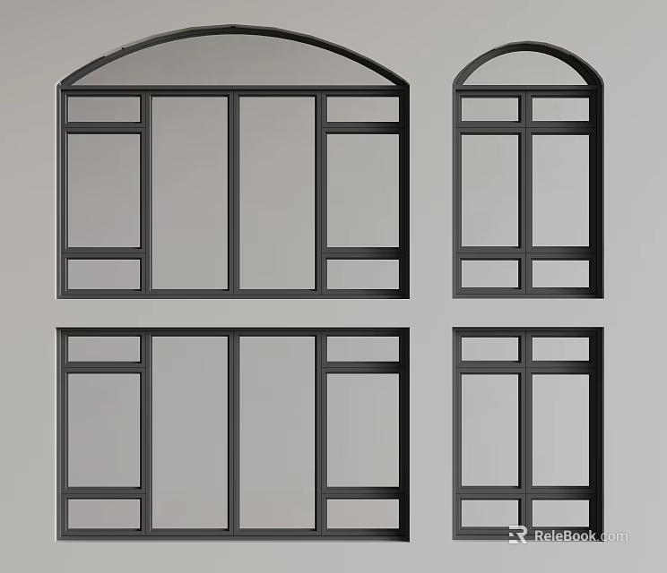 Stylish Casement Windows With Arched Top And Multiple Pane Divisions In Various Sizes 3d model 
