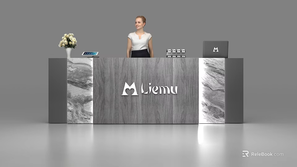 Modern Reception Desk With Miemu Logo Wooden Marble Surface Vase And Laptop 3d model 