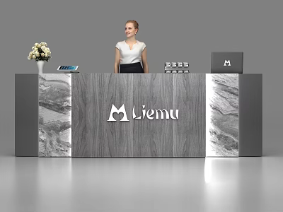 Modern Reception Desk With Miemu Logo Wooden Marble Surface Vase And Laptop 3d model