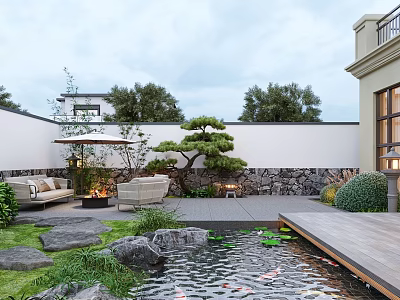 Tranquil Outdoor Garden With Pond Water Lilies Rocks Pine Tree Wooden Deck And Sofa Seating 3d model