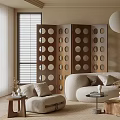 Modern Minimalist Living Room Interior With Beige Sofa Wooden Partition And Spherical Pendant Lights