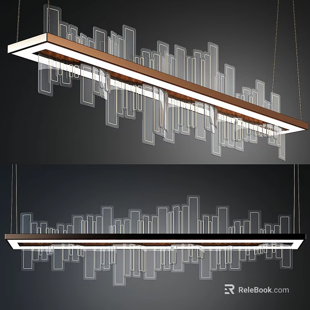 Modern Linear Chandelier With Geometric Acrylic Panels Wooden Frame And LED Lighting 3d model 