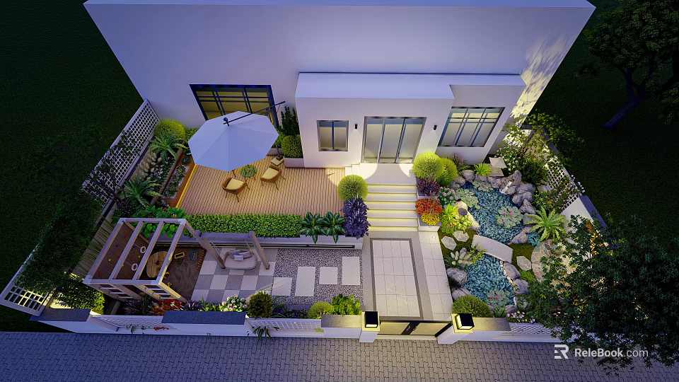 Modern Garden Landscape With White Building Stone Path Wooden Terrace Pond Green Plants And Lighting 3d model 