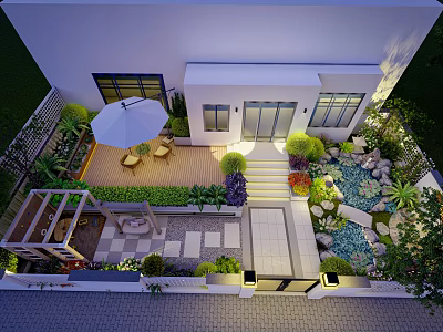 Modern Garden Landscape With White Building Stone Path Wooden Terrace Pond Green Plants And Lighting 3d model