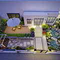 Modern Garden Landscape With White Building Stone Path Wooden Terrace Pond Green Plants And Lighting