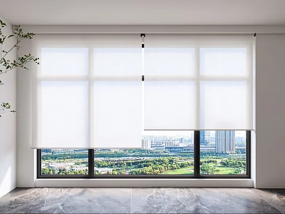 White Roller Curtains In Modern Room With City View And Green Park 3d model
