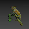Vibrant Colorful Chameleon Game Movie Character on Branch with Green Leaves