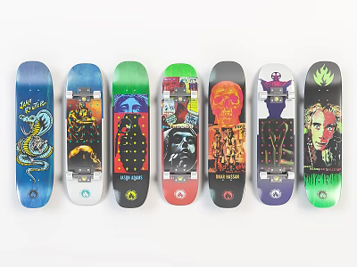 Seven Colorful Skateboards With Various Artistic Graphics And Unique Design Patterns 3d model