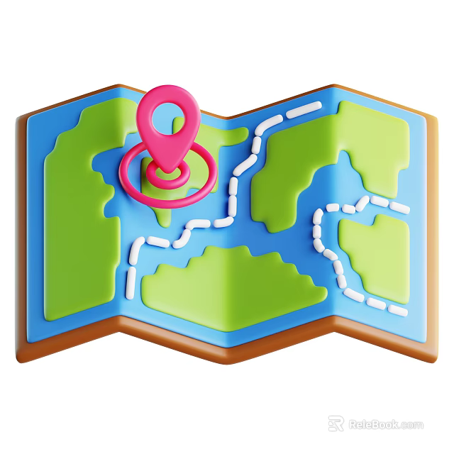 Map Shaped Decorative Ornament Set With Pink Location Pin And White Paths 3d model 