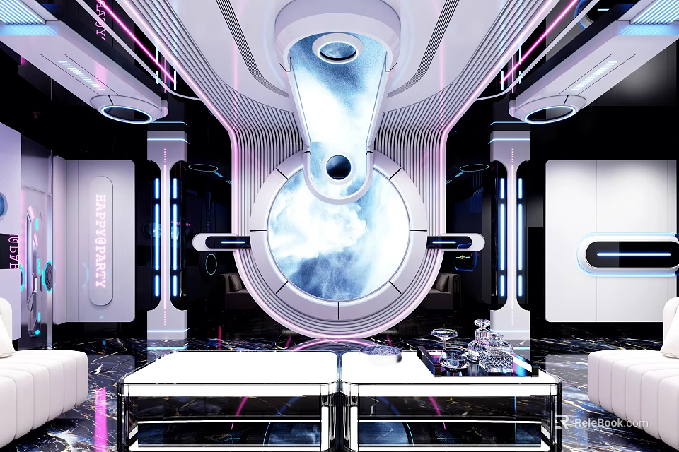Modern KTV Interior With Futuristic Design Circular Screen LED Lighting Comfortable Sofas And Bar Counter 3d model 