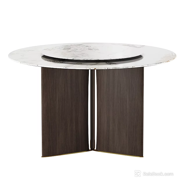 Modern Round Dining Table With White Marble Top And Dark Wooden Base 3d model 