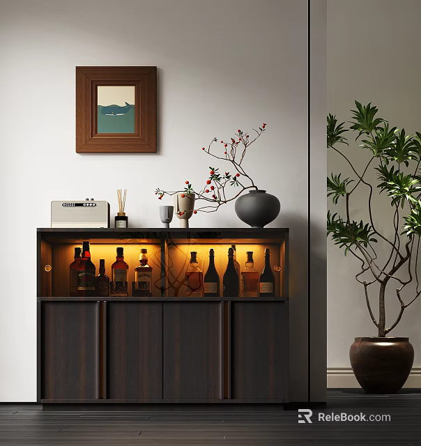 Elegant Entryway Cabinet With LED Lights Wine Bottles Decorative Vase Framed Painting And Green Plant 3d model 