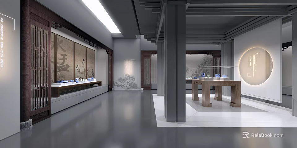 Traditional Art Exhibition Hall With Ancient Paintings Wooden Display Tables And Ceiling Lights 3d model 