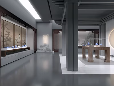 Traditional Art Exhibition Hall With Ancient Paintings Wooden Display Tables And Ceiling Lights 3d model