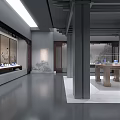 Traditional Art Exhibition Hall With Ancient Paintings Wooden Display Tables And Ceiling Lights