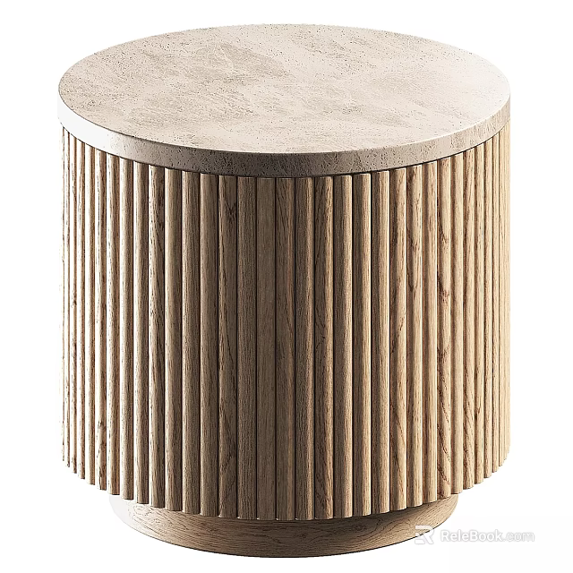 Round Modern Dining Table With Light Stone Top And Wooden Fluted Base 3d model