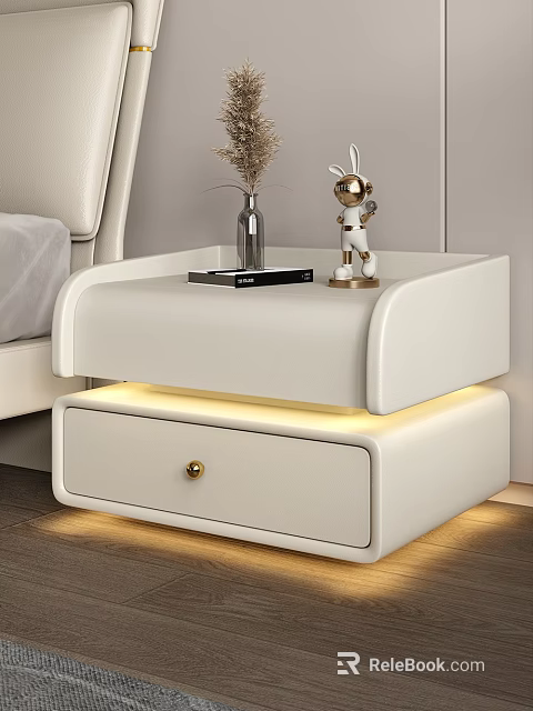 Modern White Nightstand with Drawer Gold Handle LED Light Strip and Top Decorative Items 3d model 