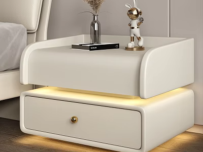 Modern White Nightstand with Drawer Gold Handle LED Light Strip and Top Decorative Items 3d model