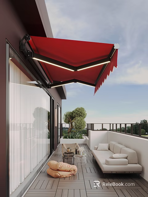 Modern Villa Balcony With Red Awning White Sofa Coffee Table And Green Plants 3d model 