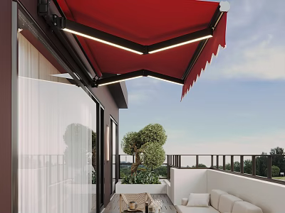 Modern Villa Balcony With Red Awning White Sofa Coffee Table And Green Plants 3d model