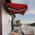 Modern Villa Balcony With Red Awning White Sofa Coffee Table And Green Plants